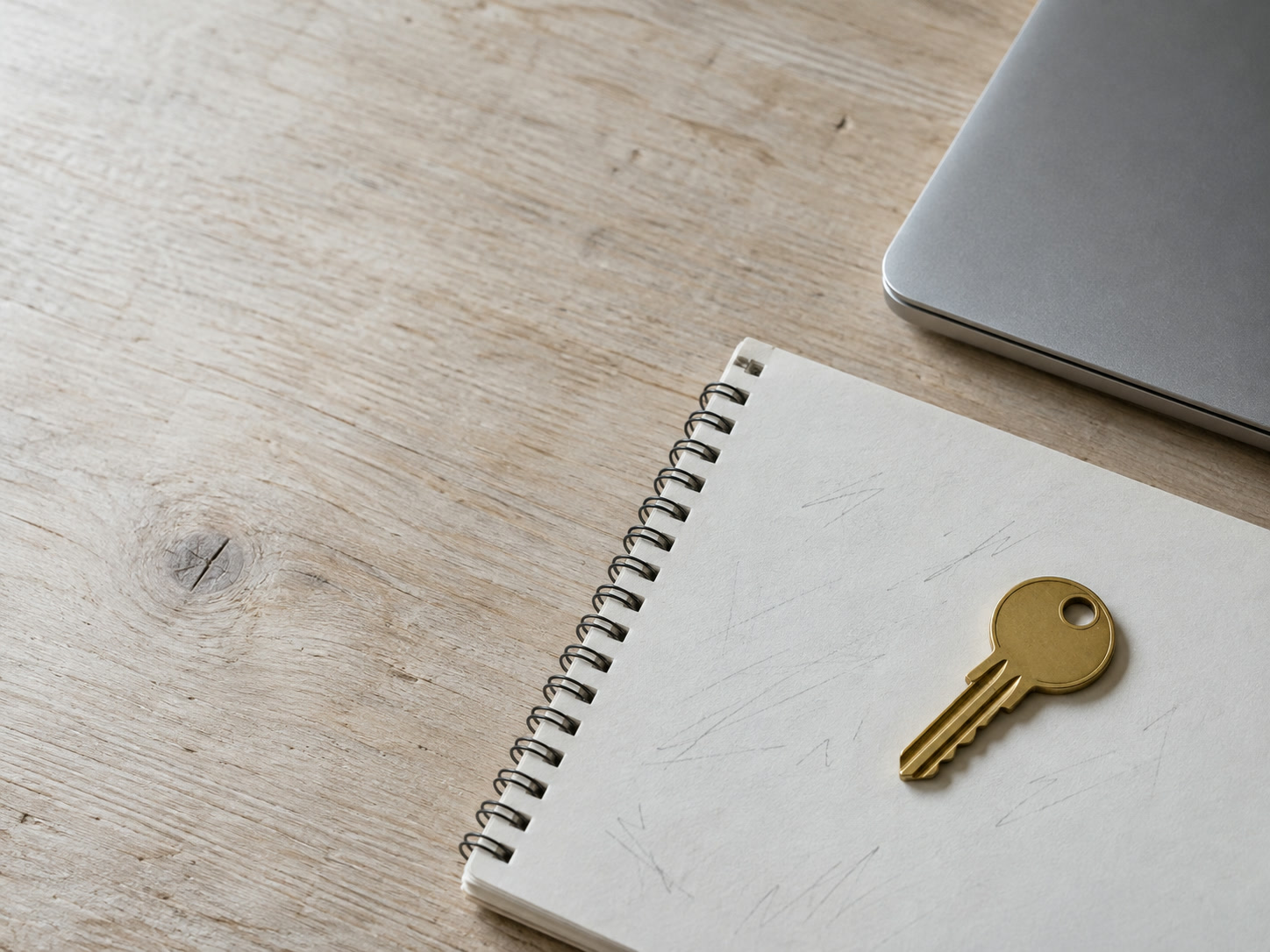 A single brass key resting on a blank notepad with faint pencil marks, next to a closed laptop on a light wooden table.