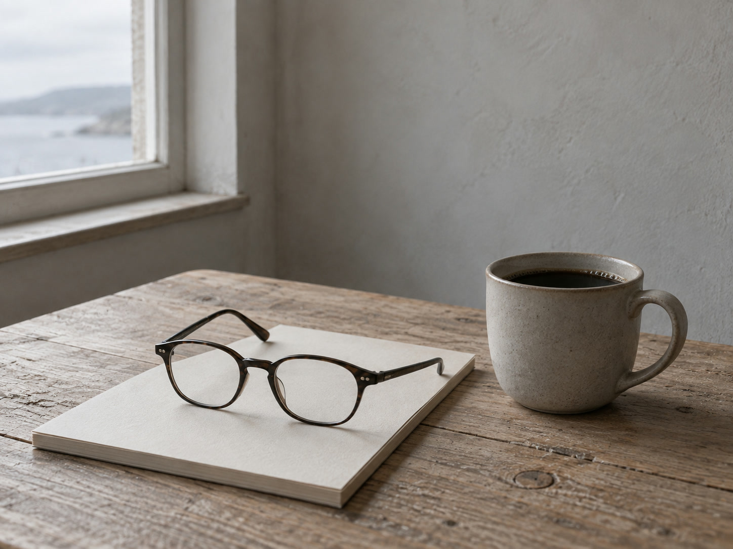 A pair of reading glasses resting on a blank notepad next to a cup of coffee on a wooden table.