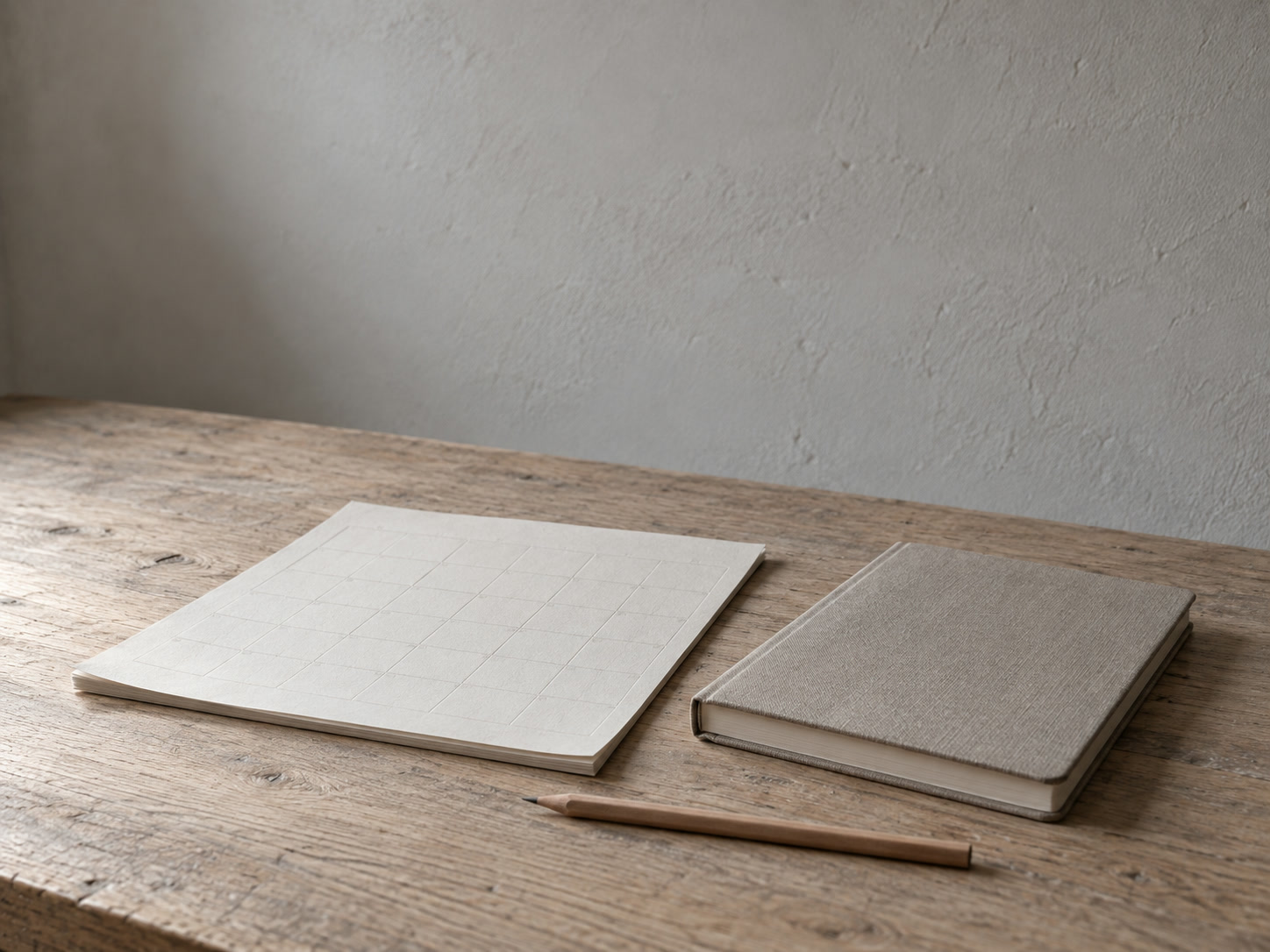 A paper wall calendar lying flat beside a closed planner and a pencil on a wooden desk.