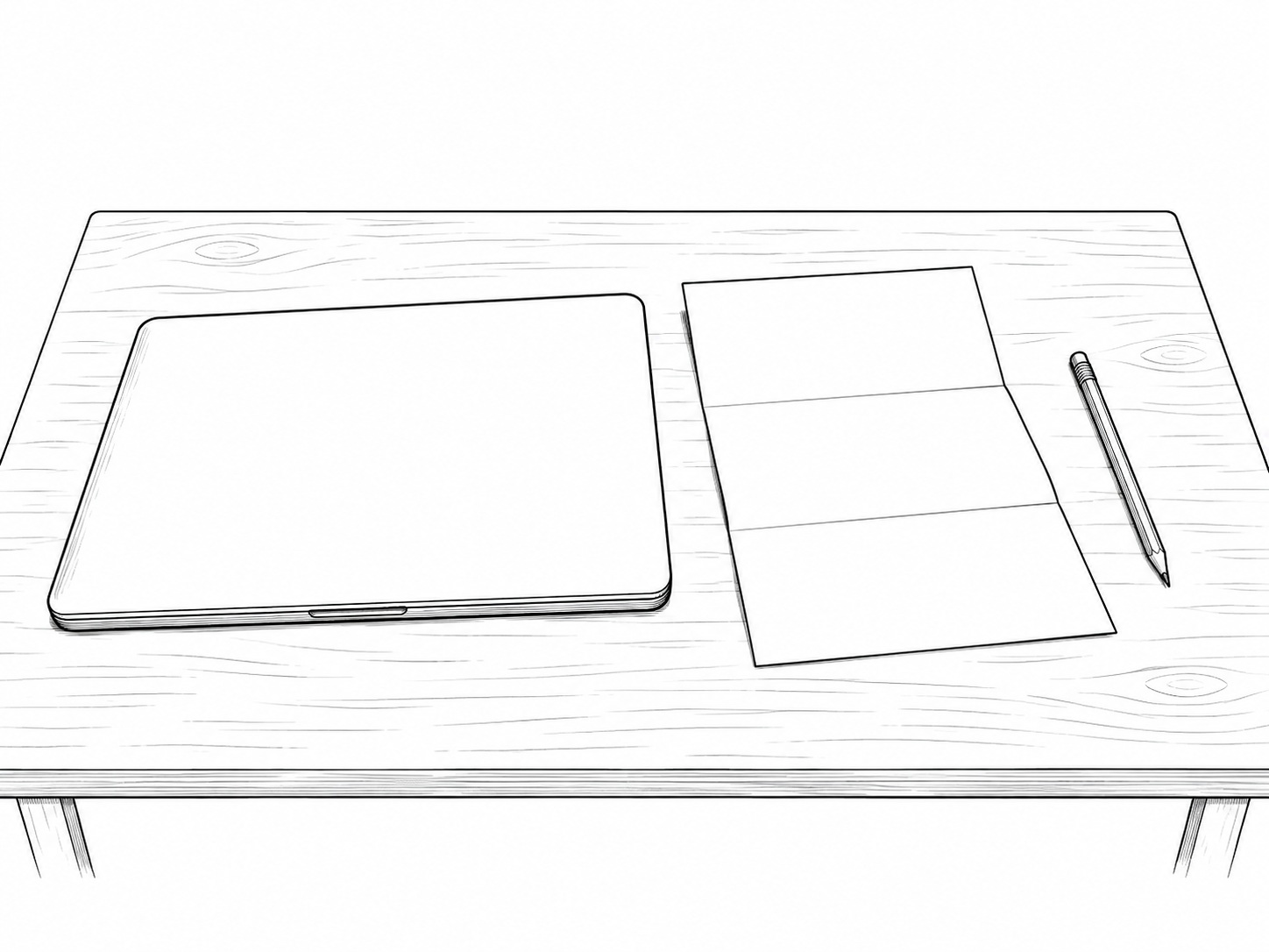 A closed laptop beside a folded paper chart and a pencil on a pale wooden desk.