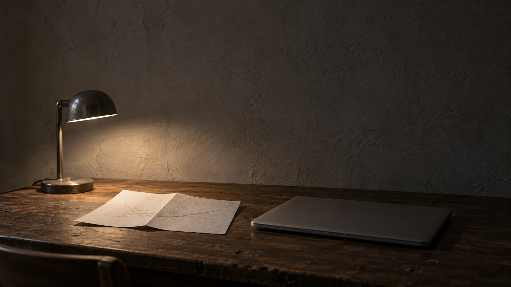A folded paper chart, a closed laptop and a desk lamp on a dark wooden desk at night.