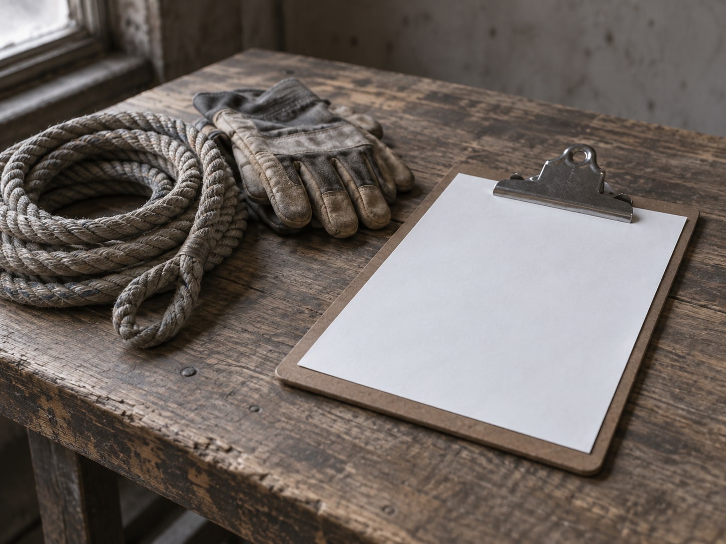 A coiled safety rope and a folded pair of work gloves on a plain wooden bench beside a blank clipboard.