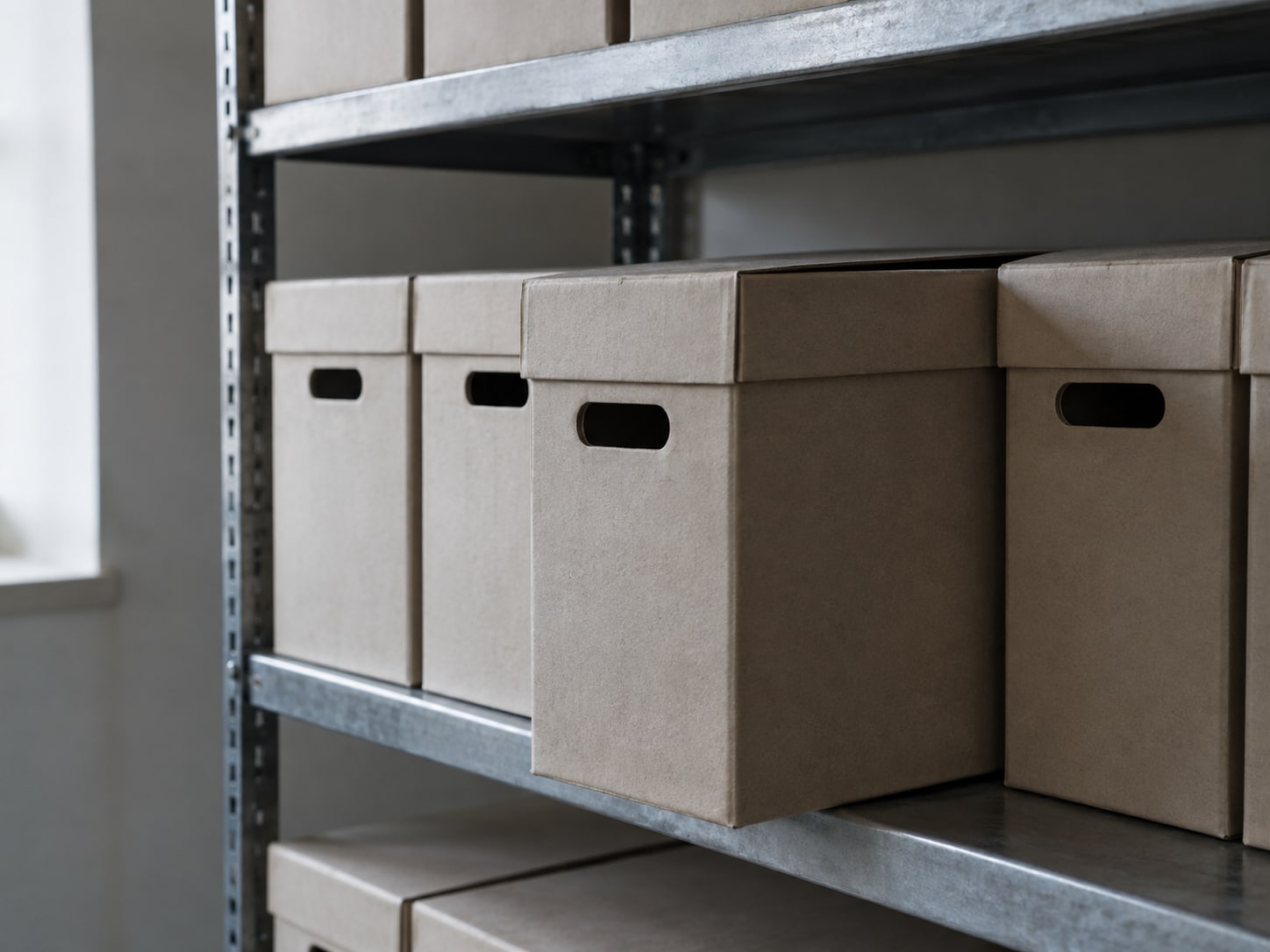 A neat row of unmarked file boxes on a metal shelf with one box pulled forward and left blank.