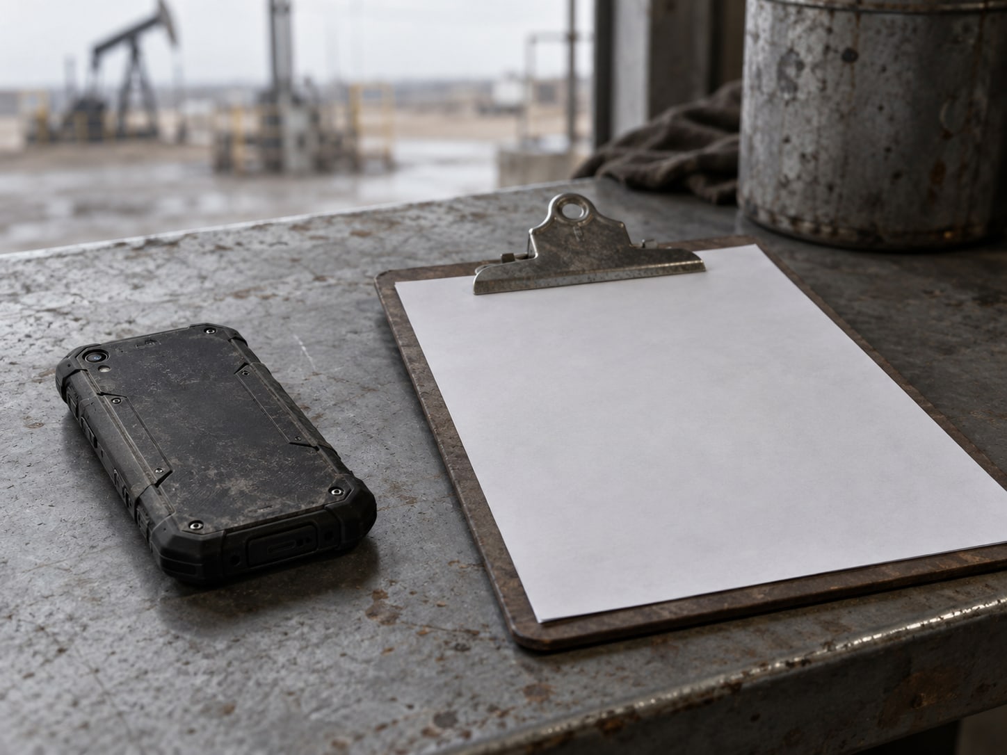 A rugged phone lying face down on a workbench next to a clipboard with a blank checklist sheet.