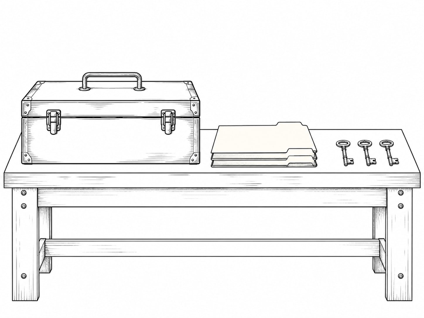 A closed steel toolbox beside a stack of blank folders and a set of unlabeled keys on a workshop bench.