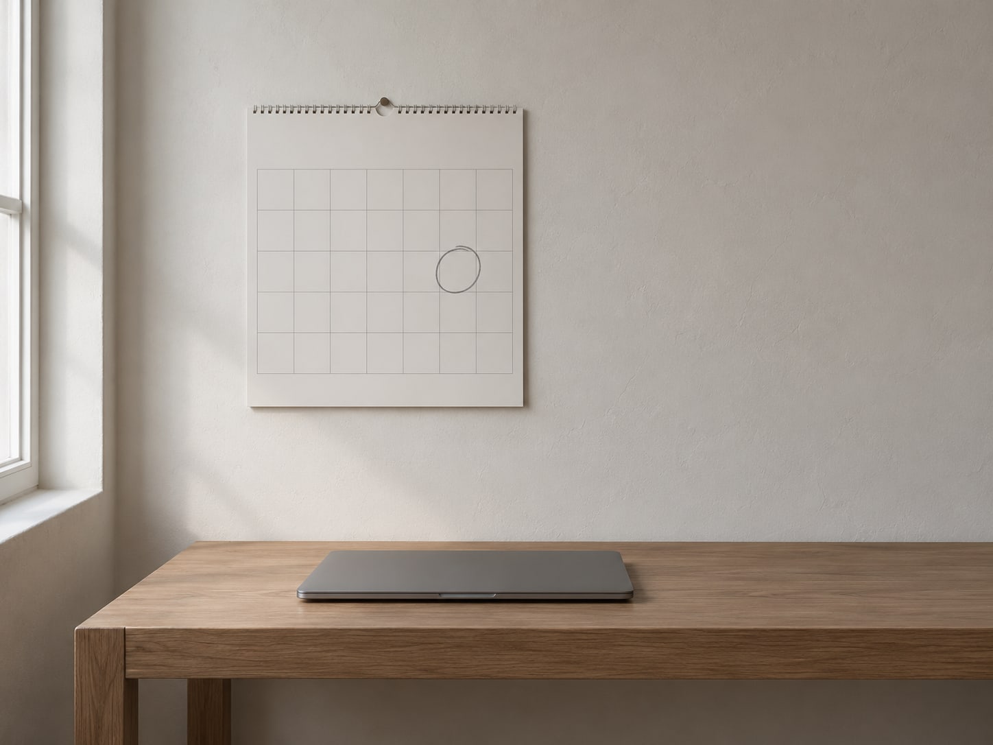 A paper wall calendar with a single date circled in pencil beside a closed laptop.