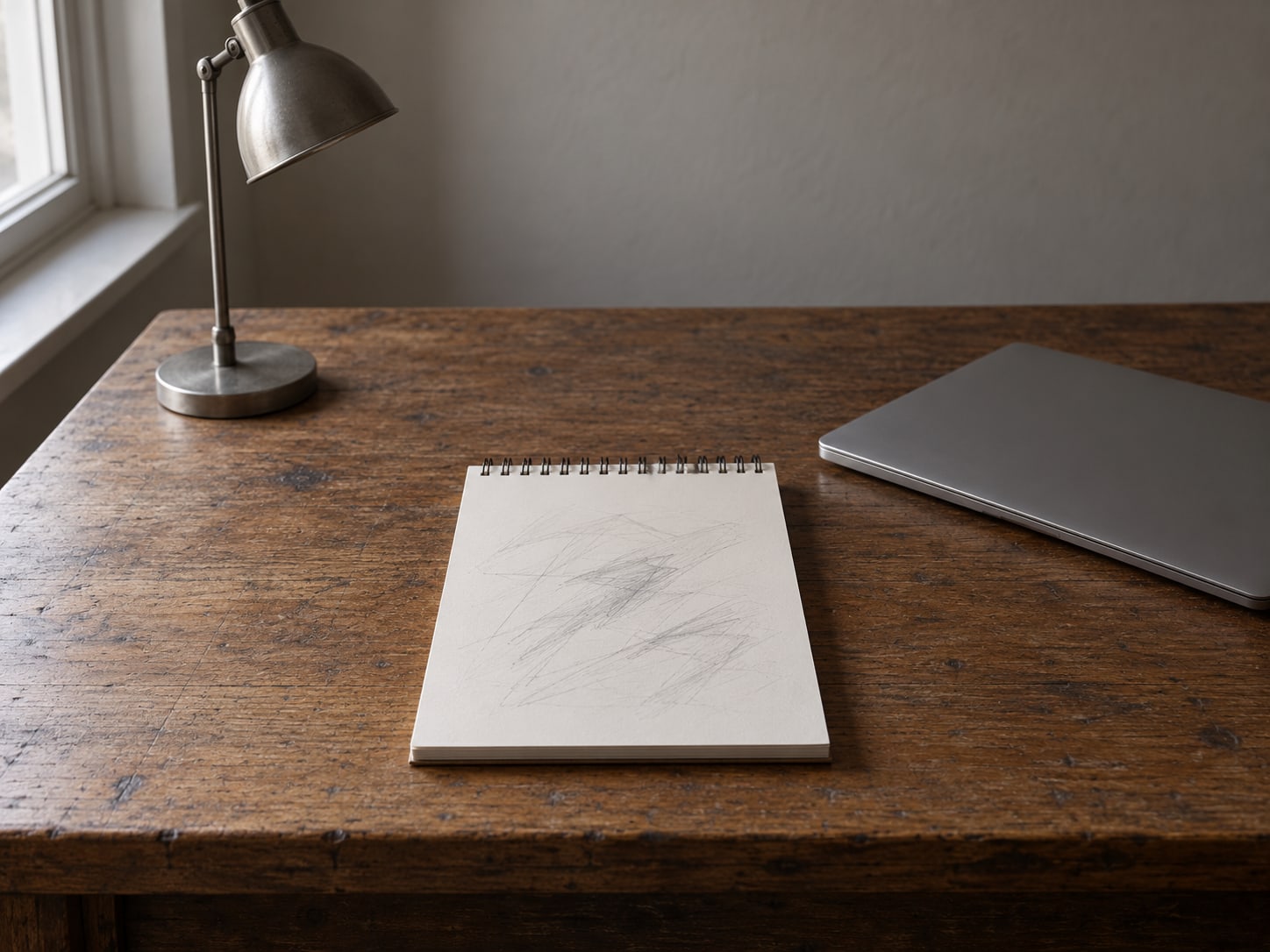 A spiral notepad with faint pencil marks beside a closed laptop and a small desk lamp.