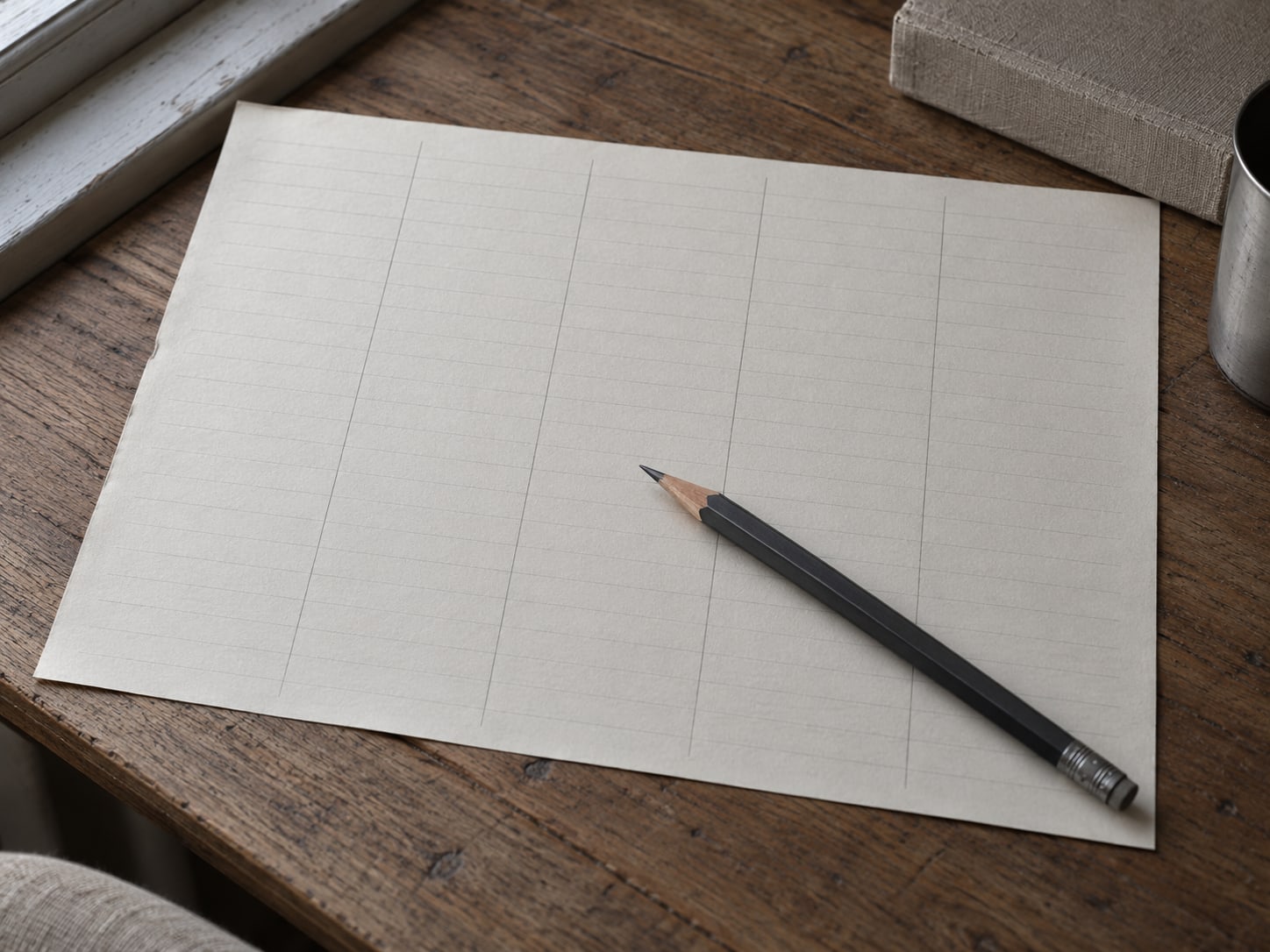 A pencil lying across a blank lined sheet divided into five handwritten columns on a wooden desk.