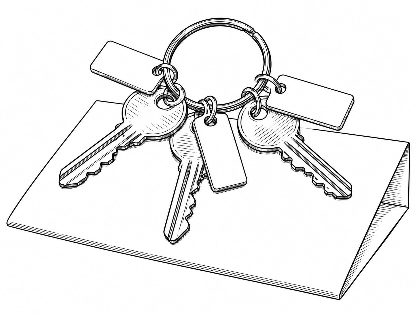 Three brass keys on a labeled ring resting on a folded blank sheet of paper.