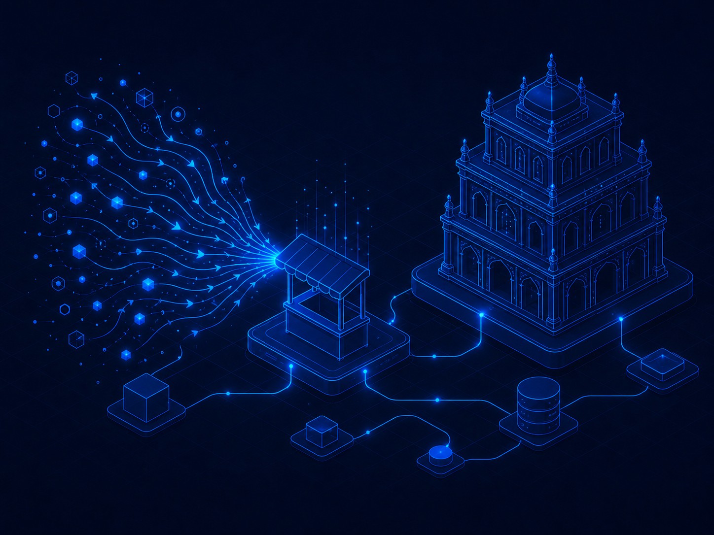 A small plain stall outline with a dense cluster of arrows converging on it, next to a large elaborate structure with no arrows at all.