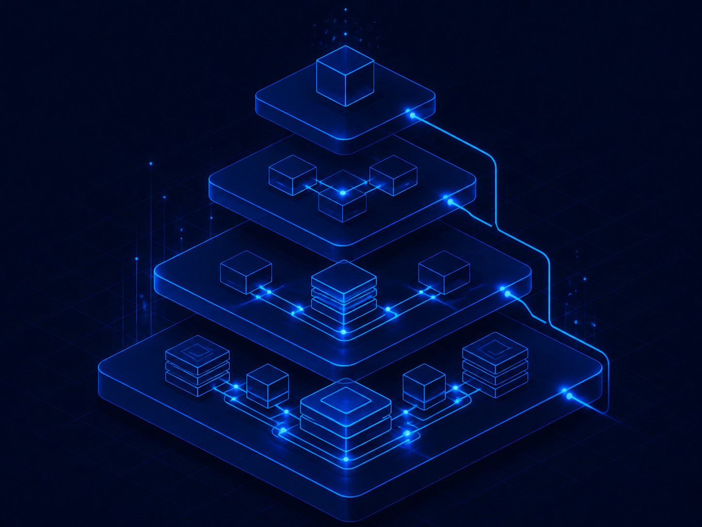 Four stacked shelves of increasing depth, each holding a progressively more complex arrangement of building blocks.