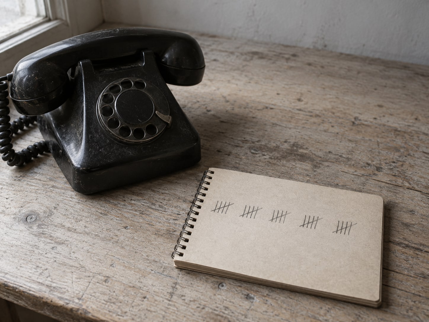 A small spiral notebook with a handwritten tally of marks beside a rotary desk telephone on a worn desk.