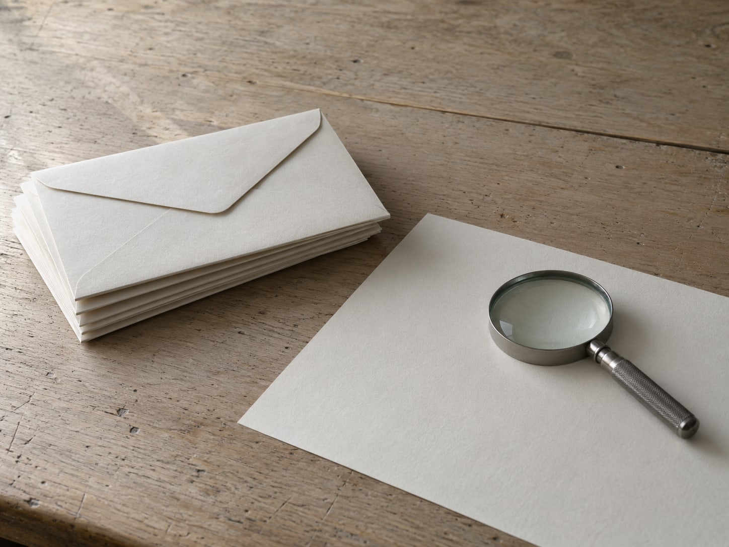 A small stack of unopened envelopes beside a magnifying glass resting on a blank sheet of paper.