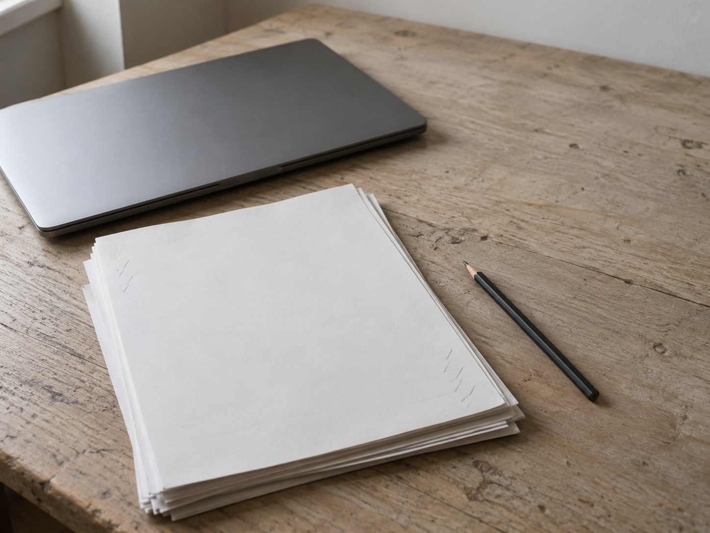 A closed laptop beside a stack of printed pages with faint pencil marks in the margins on a plain wooden desk.