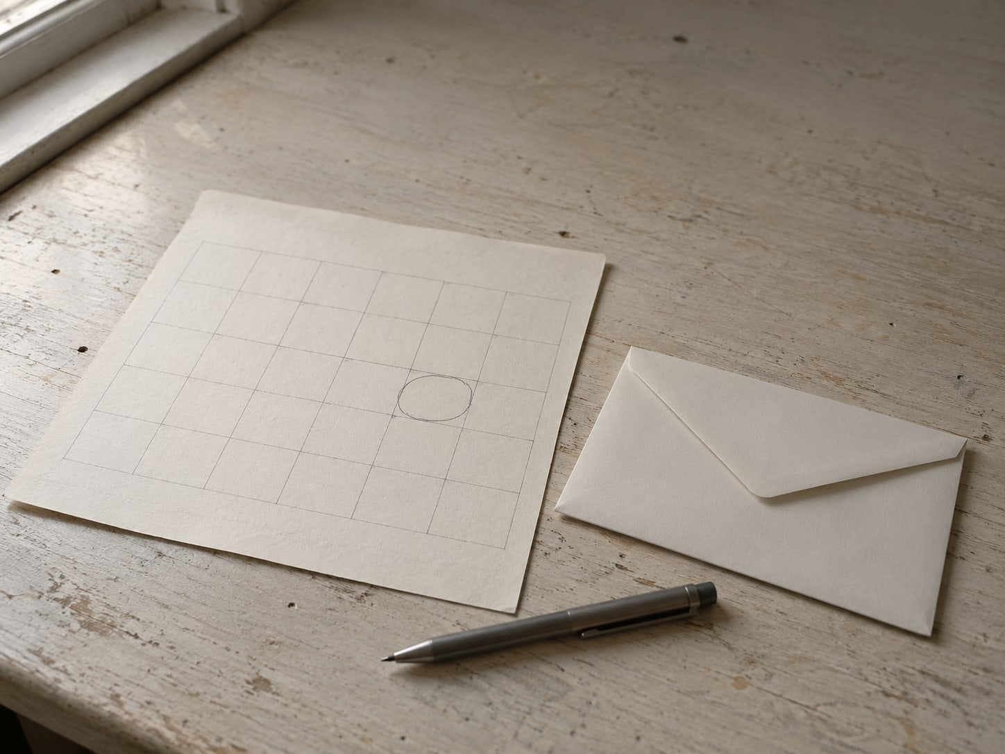 A calendar page with one date circled in pencil beside a sealed envelope and a pen on a desk.