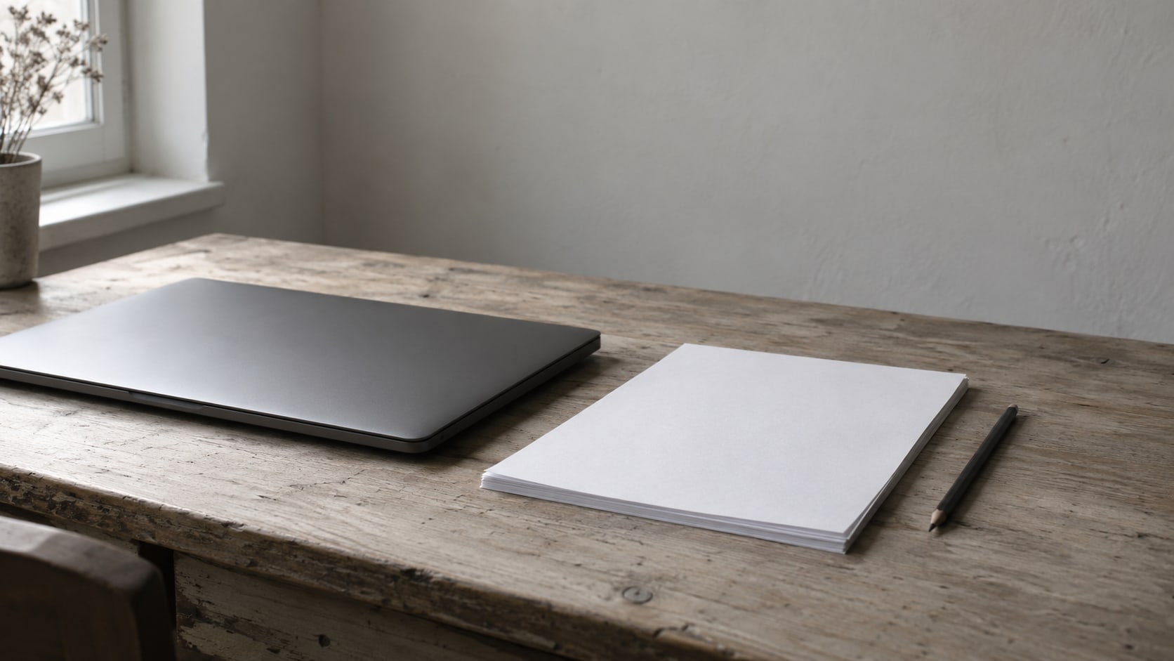 A closed laptop beside a stack of printed pages and a pencil on a plain wooden desk.