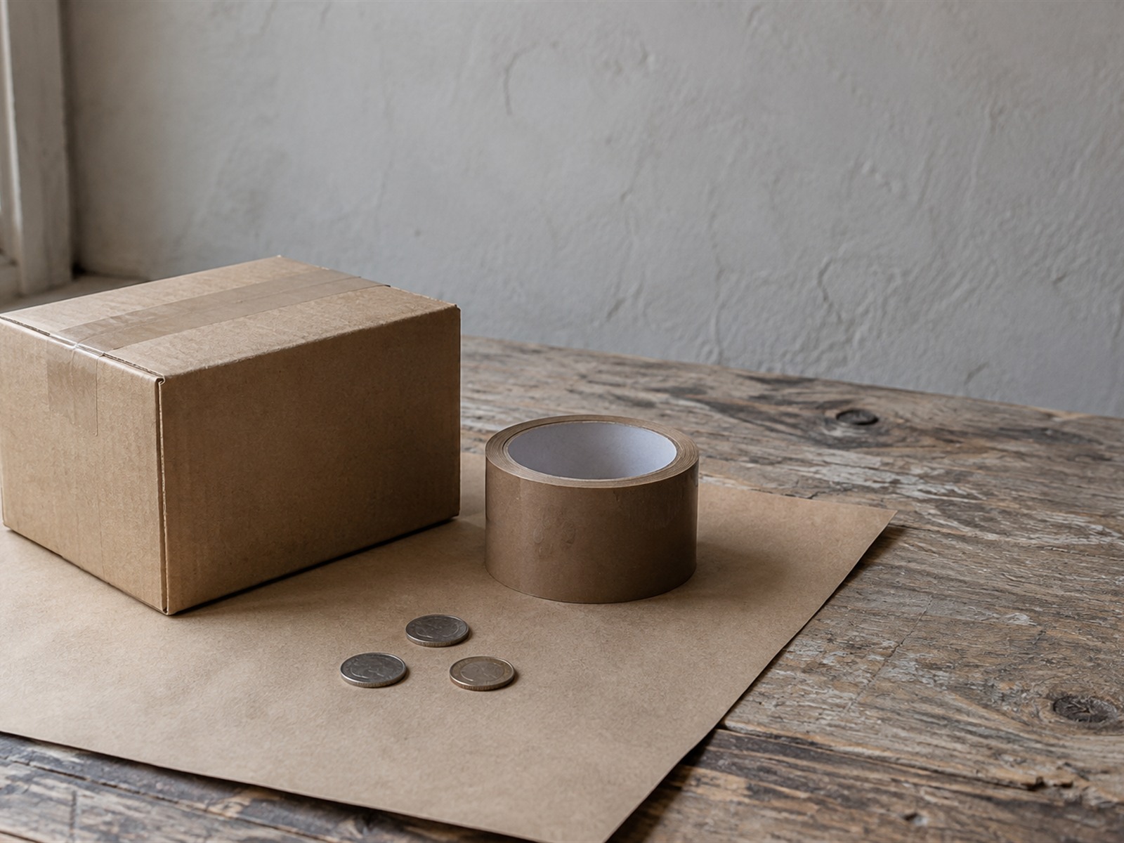 A small cardboard shipping box, a roll of brown packing tape and three coins resting on a sheet of kraft paper.