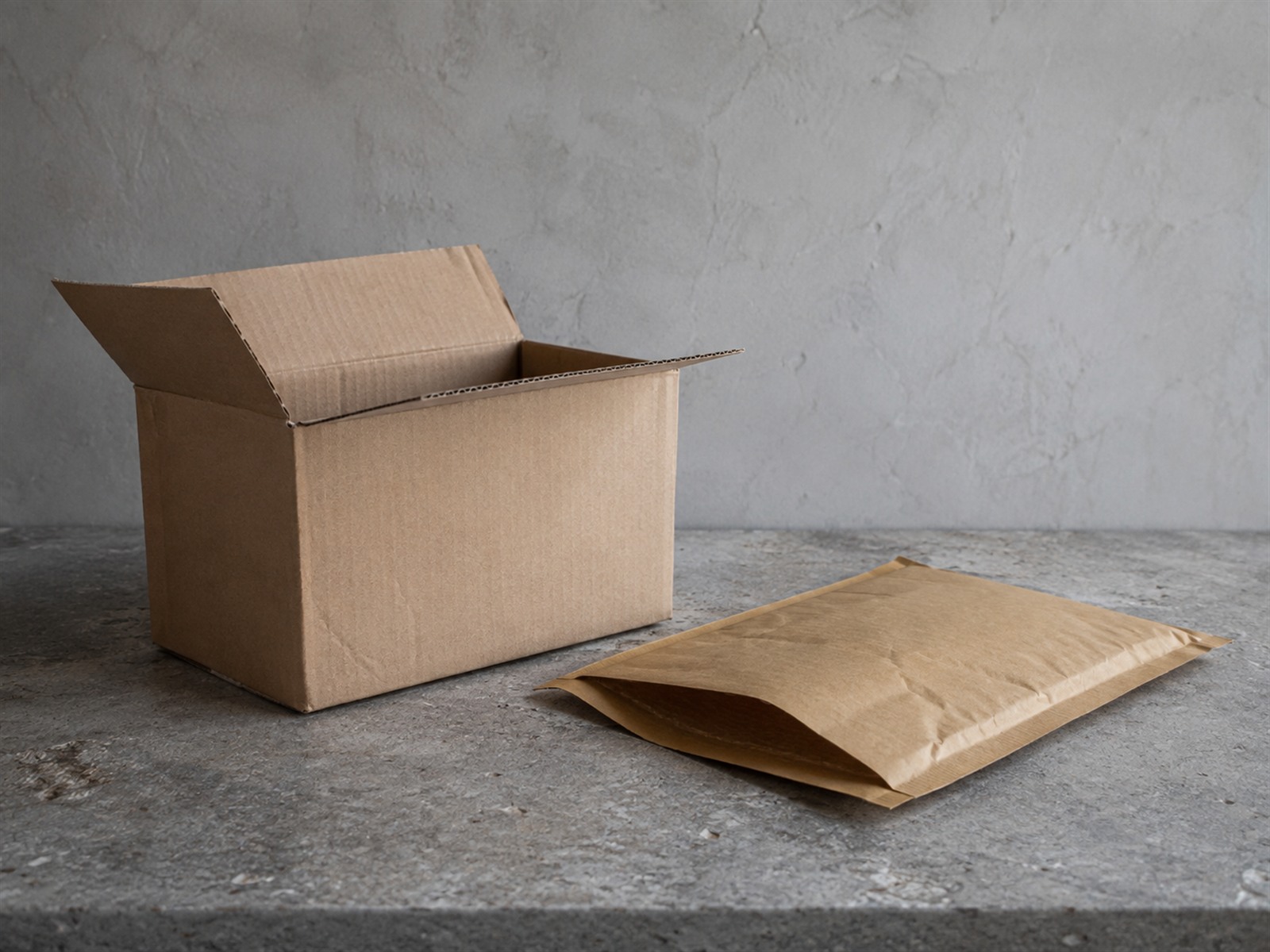 A returned cardboard parcel with its flap open beside an empty padded mailer on a gray stone countertop.