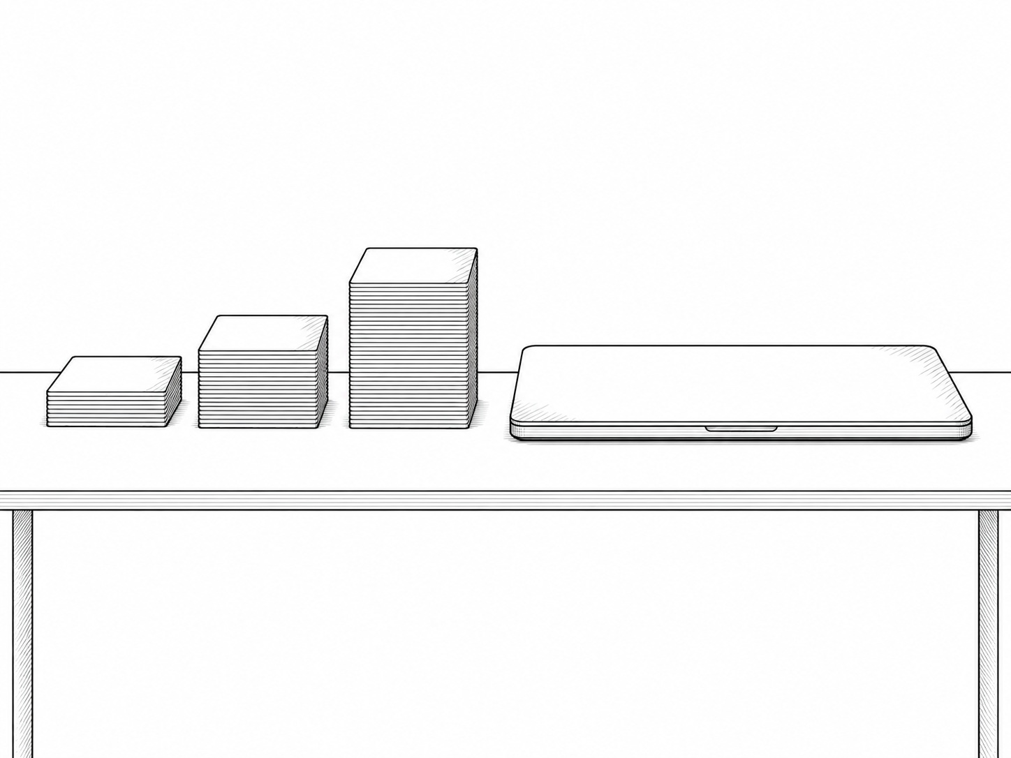 Three small stacks of blank index cards of different heights beside a closed laptop on a walnut desk.