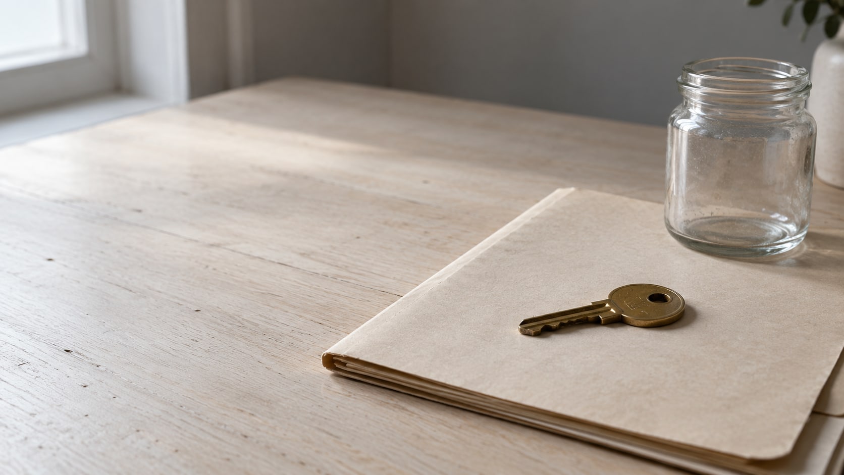 A single brass key resting on a closed paper folder beside a small glass jar on a pale desk.
