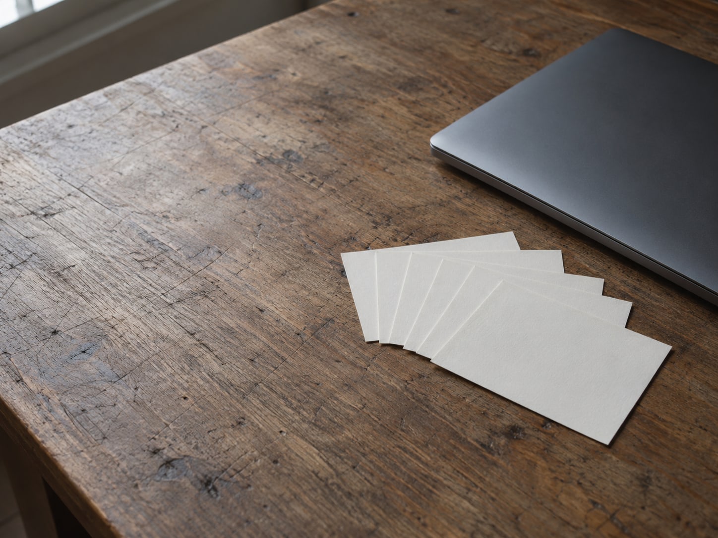 A closed laptop beside six blank index cards fanned out on a worn wooden desk.