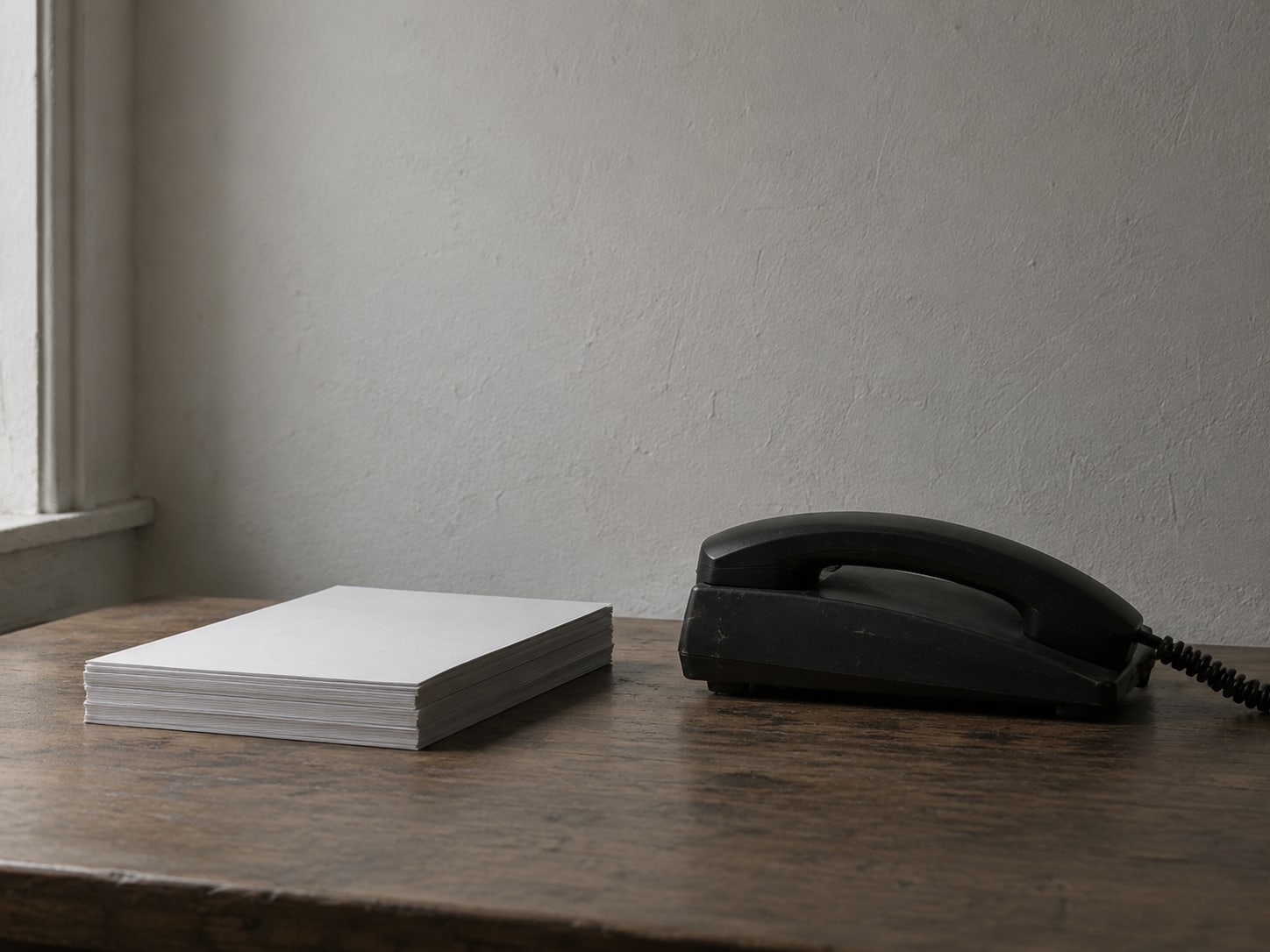 A small stack of blank paper beside a closed desk telephone on a plain surface.