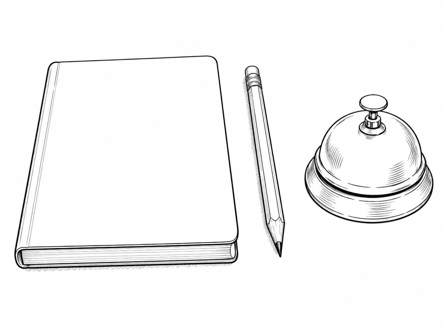 A closed notebook and a pencil on a clean wooden desk beside a small brass desk bell.