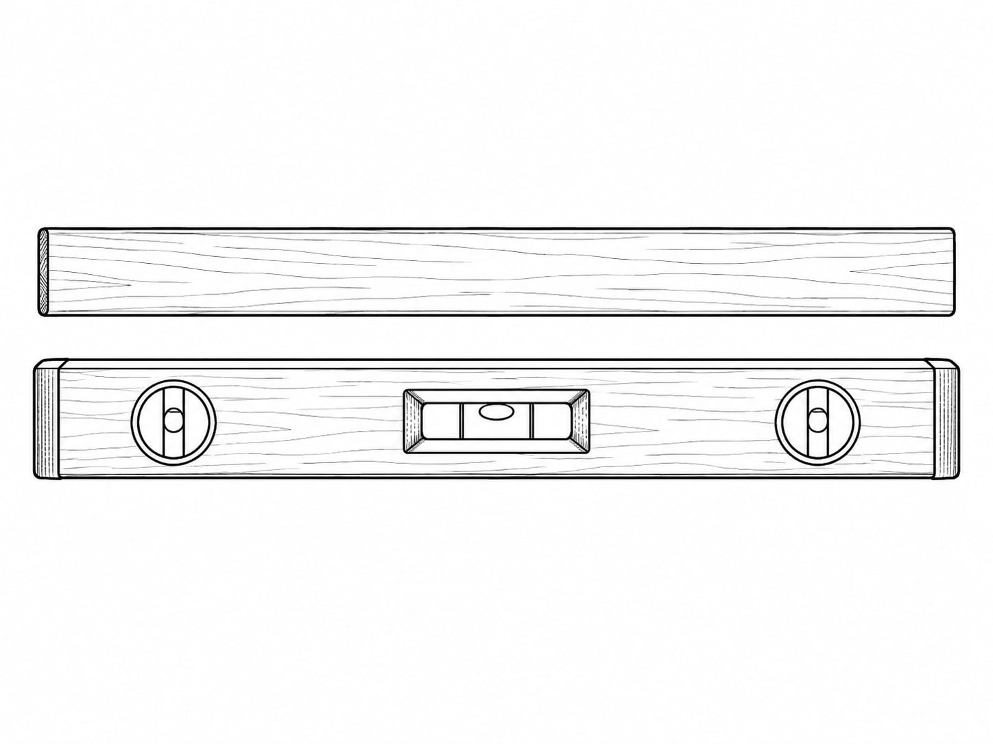 A small wooden ruler and a level resting side by side on a workbench.