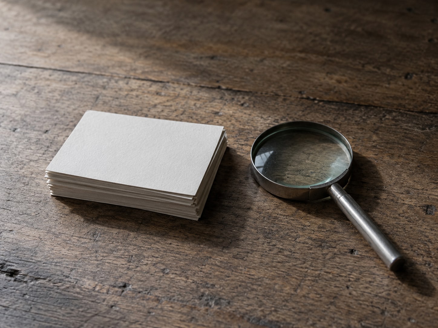 A small stack of blank cards and a magnifying glass resting on a wooden counter.