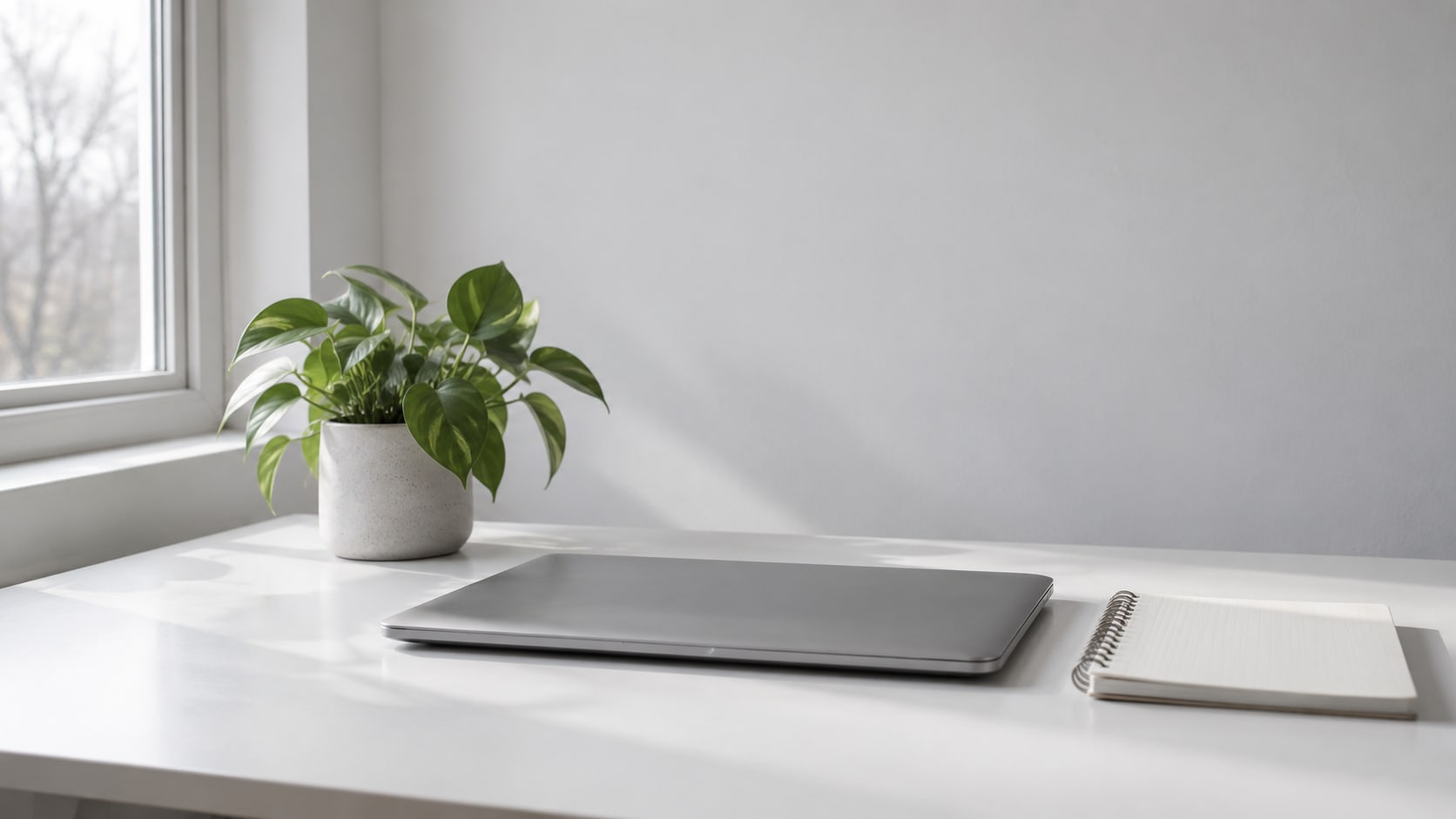A closed laptop and a small potted plant on a clean white desk beside a blank notebook.