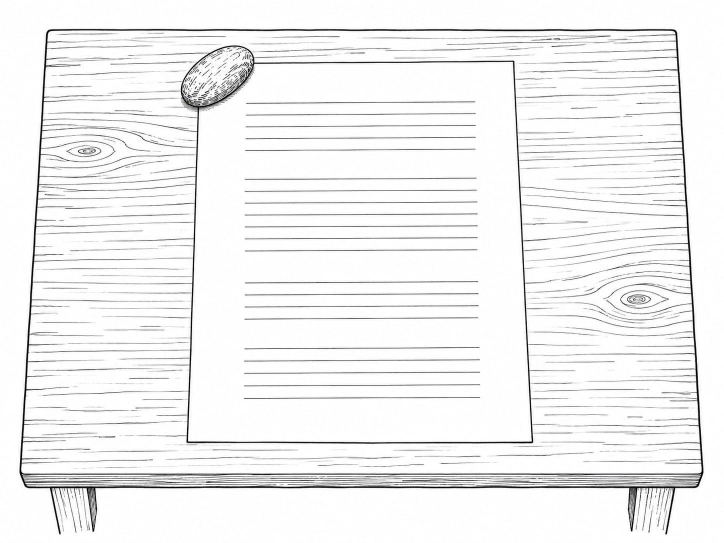 A single sheet of plain paper held flat under a small stone on a table, with several paragraphs of faint pencil lines and no readable words.