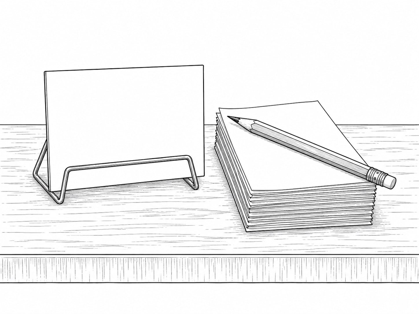 A small card on a stand next to a stack of plain receipts on a counter, with a pencil resting on the stack.