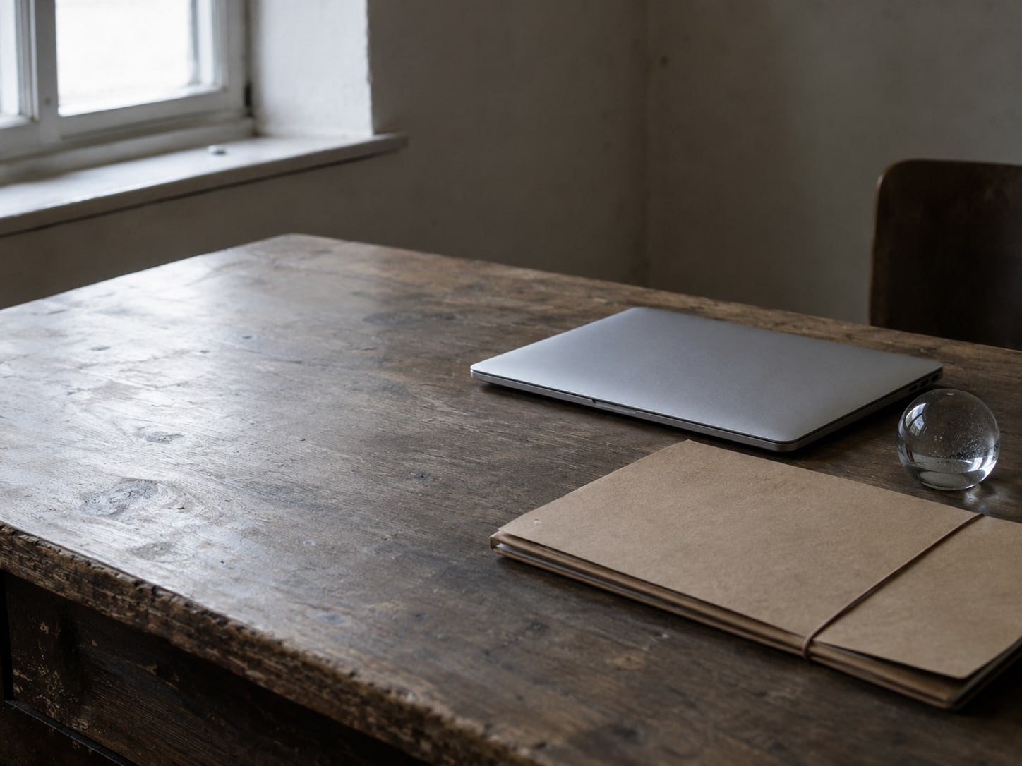 A closed laptop and a plain folder with an elastic band sit beside an empty glass paperweight on a desk.