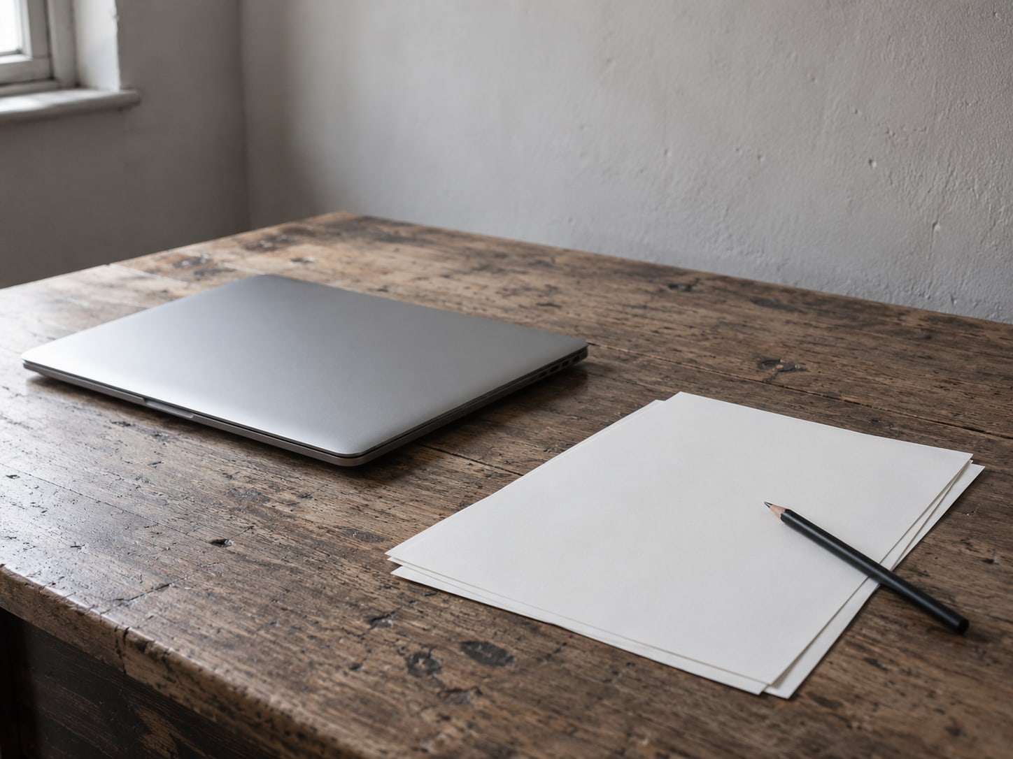 A closed laptop beside a few blank sheets of paper and a pencil on a worn wooden desk.