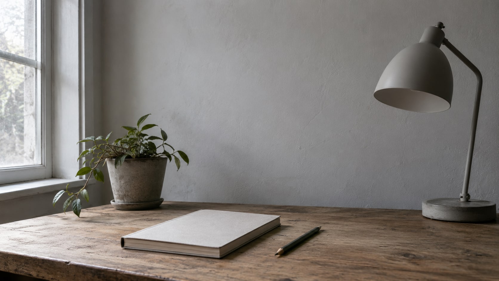 A tidy wooden desk with a closed notebook, a sharpened pencil and a small potted plant beside a switched-off lamp.