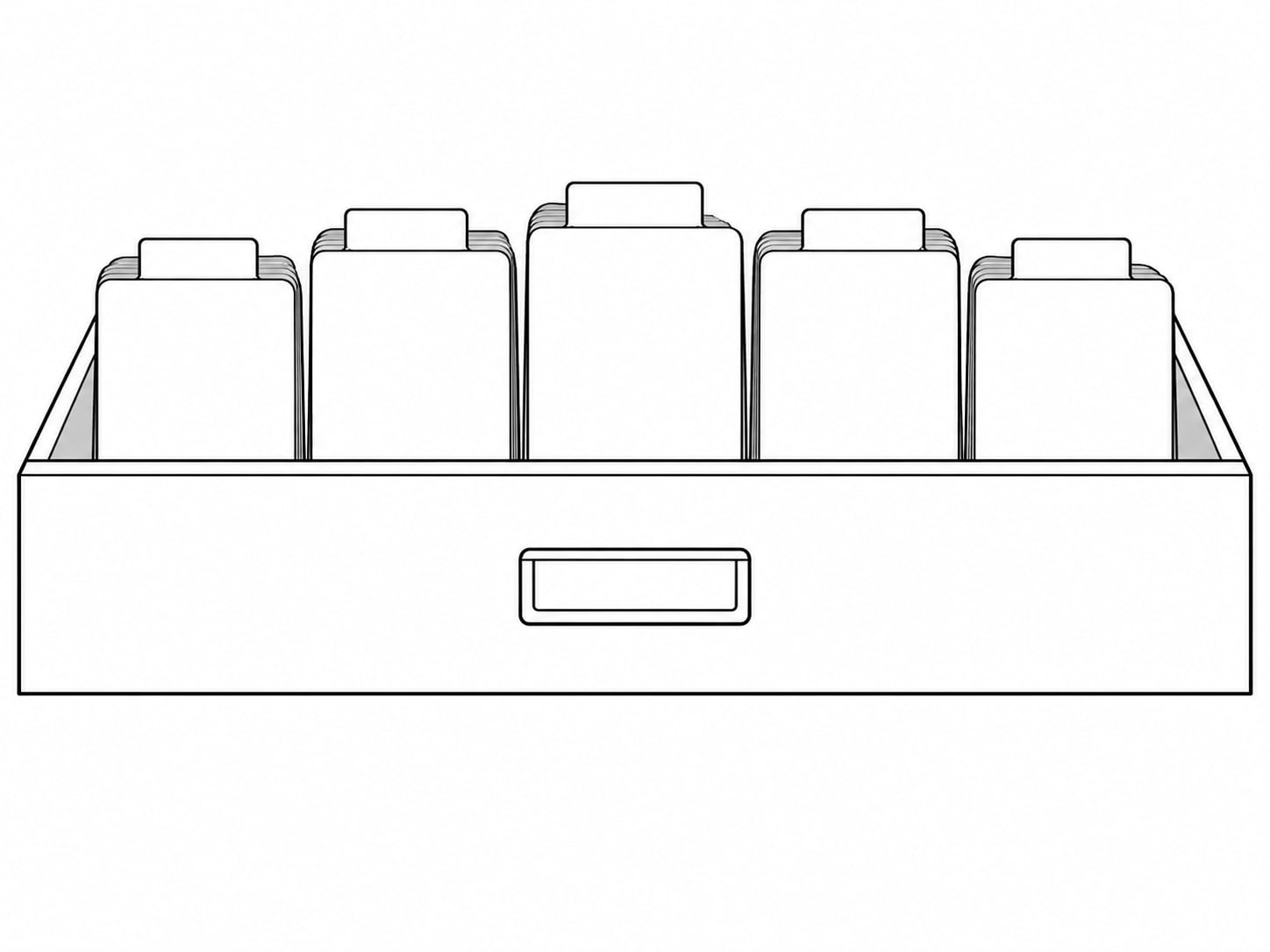 A row of plain manila folders standing in an open desk drawer, with blank tabs.