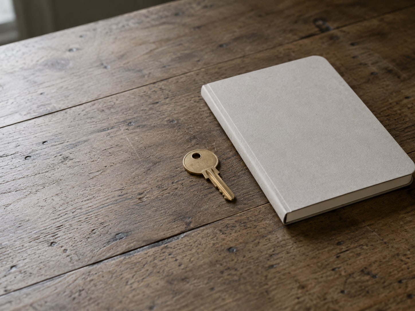 A single brass key lying beside a closed notebook on a wooden table.