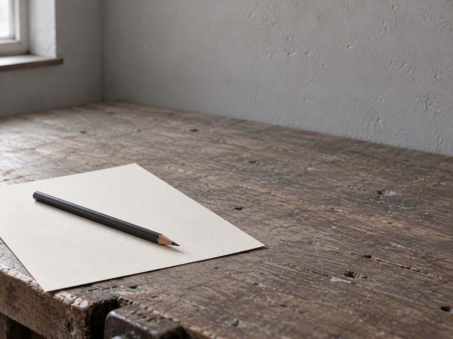 A blank sheet of paper with a pencil resting on it on a worn wooden desk.