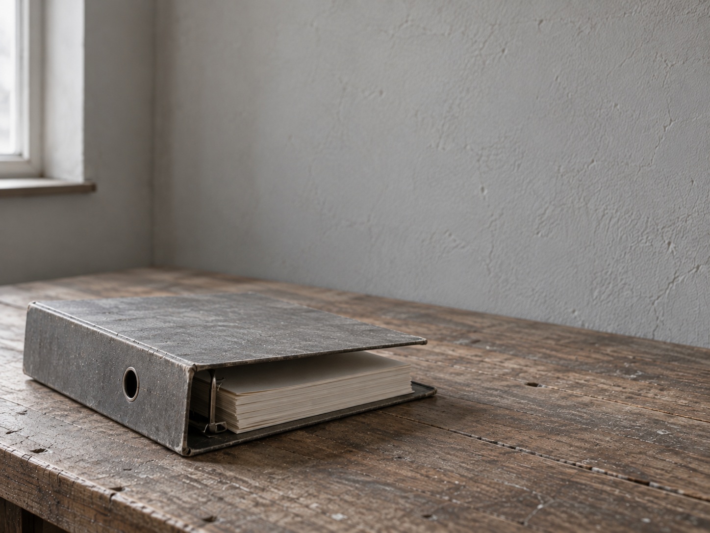 A thick ring binder full of papers lying on a worn wooden desk by a window.