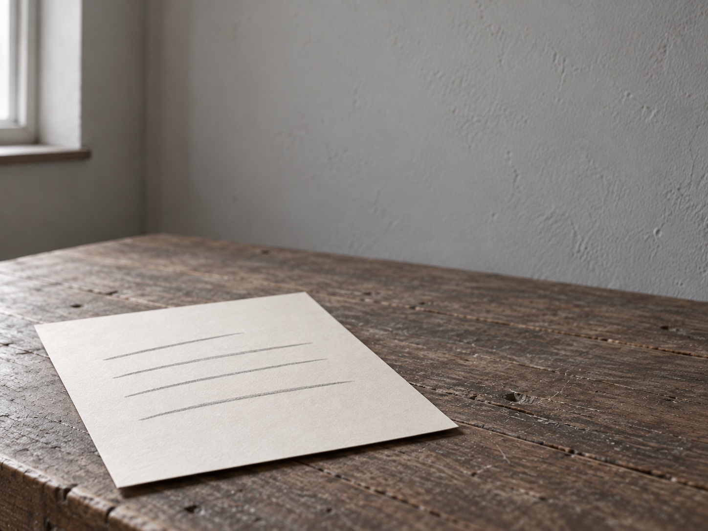 A single sheet of paper with a few faint pencil lines on a worn wooden desk.