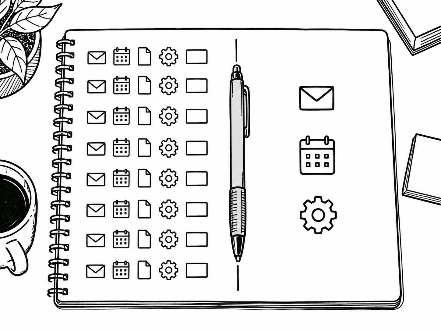 A notepad on a desk with two short lists written side by side, one much longer than the other, a pen resting between them.