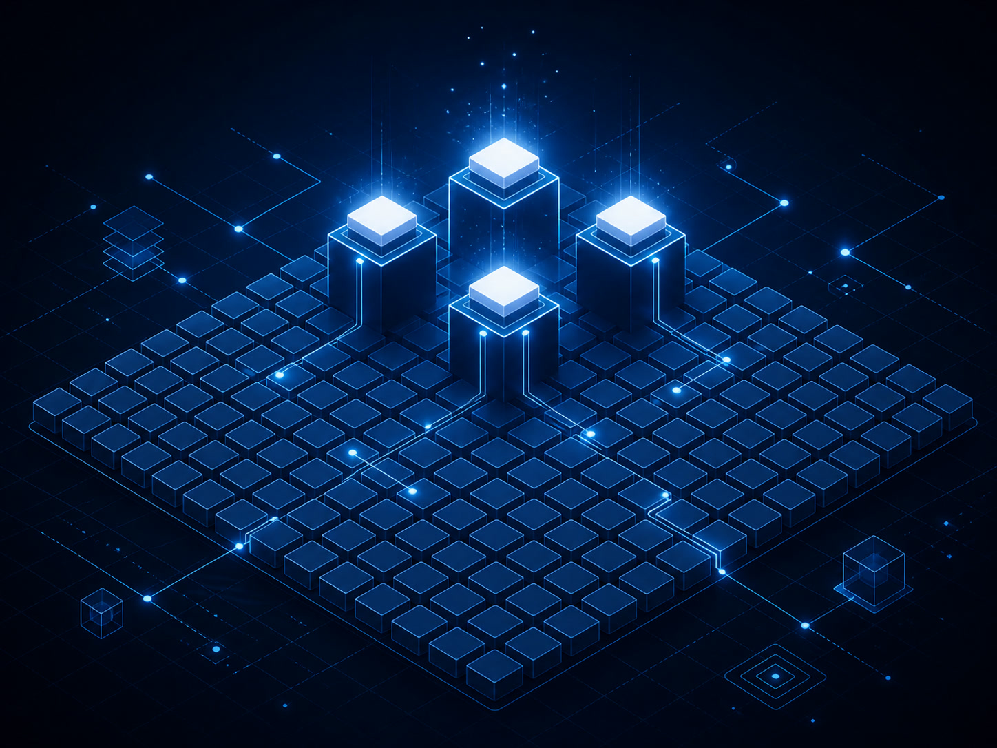 A dense grid of identical small tiles with a few tiles lifted clear of the grid and set on their own raised bases.