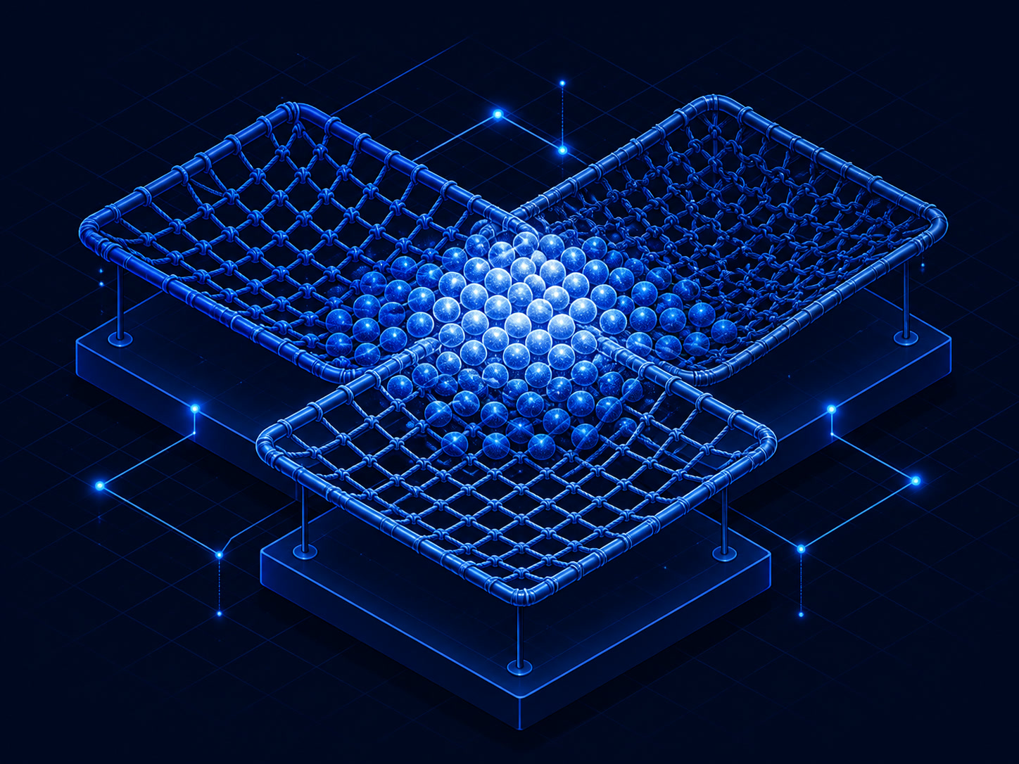 Three separate outlined nets overlapping across one cluster of identical small shapes, each net catching a different part of the cluster.