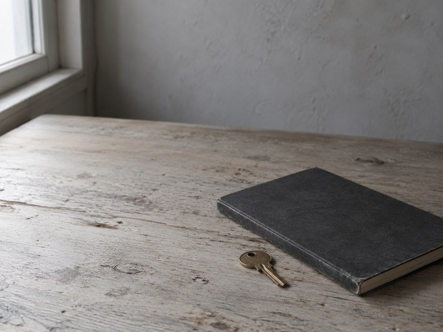 A closed notebook and a small brass key on a clean wooden counter, lit by window light.
