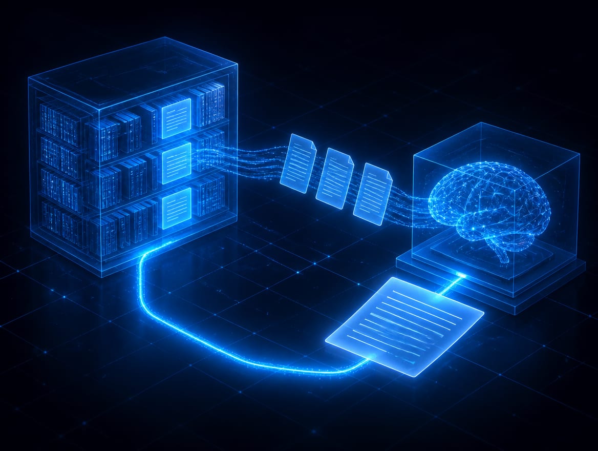 A knowledge store finding the relevant passages for a question and handing them to an AI, which answers with a citation linked back to the source.