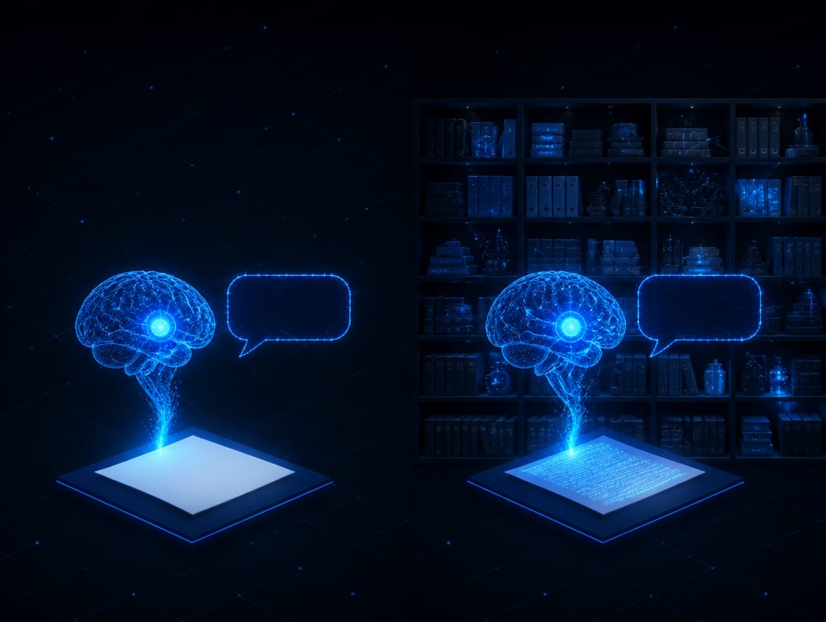 A glowing AI panel answering from an empty page on one side and from a full shelf of company knowledge on the other, showing the difference context makes.