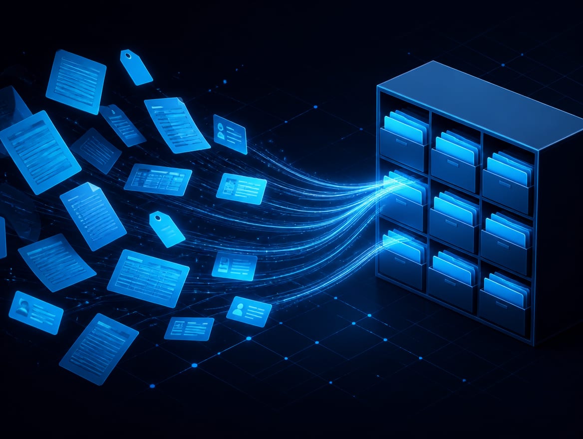 Scattered documents, prices, and customer records being drawn into one clean, labeled, searchable store.