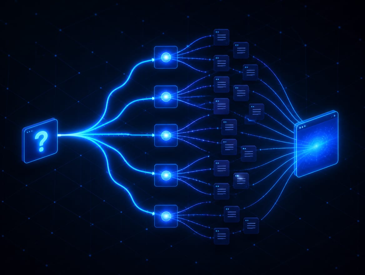 An AI search fanning one question out into several, pulling from multiple sources, and combining them into one cited answer.