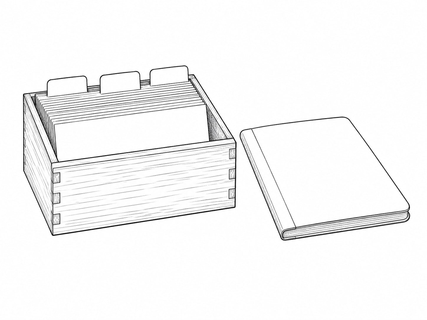 A small wooden box of blank index cards with unlabeled tabs, set beside a closed notebook on a clean desk.
