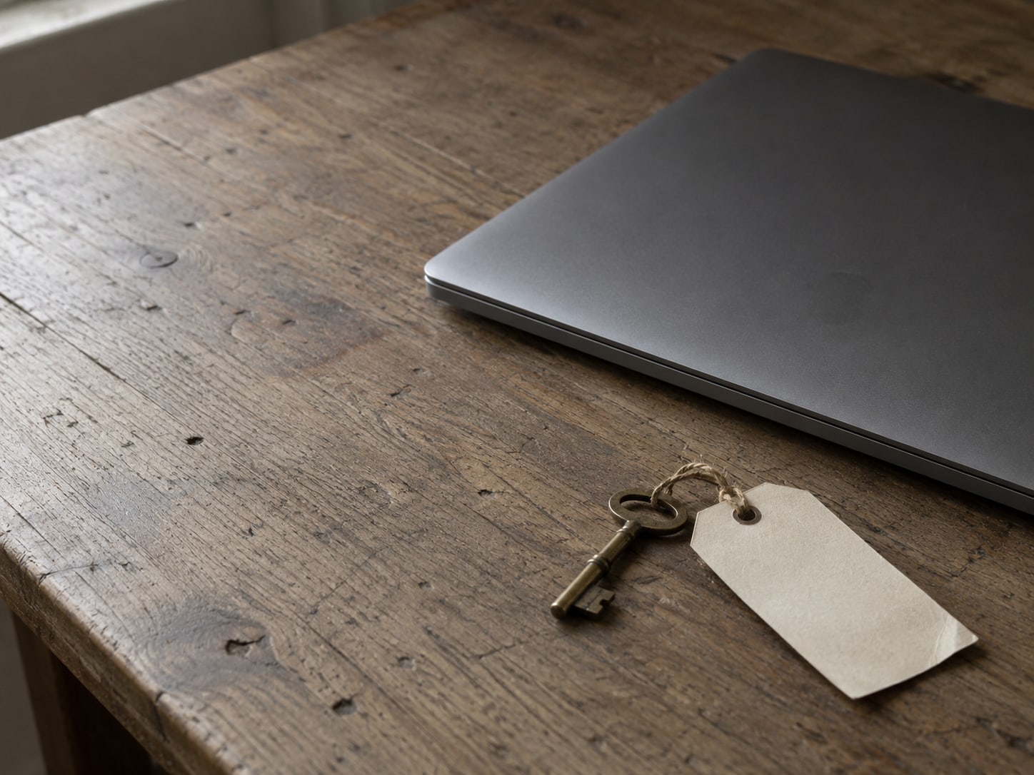 A closed laptop beside a small brass key and a blank paper tag on a worn wooden desk.
